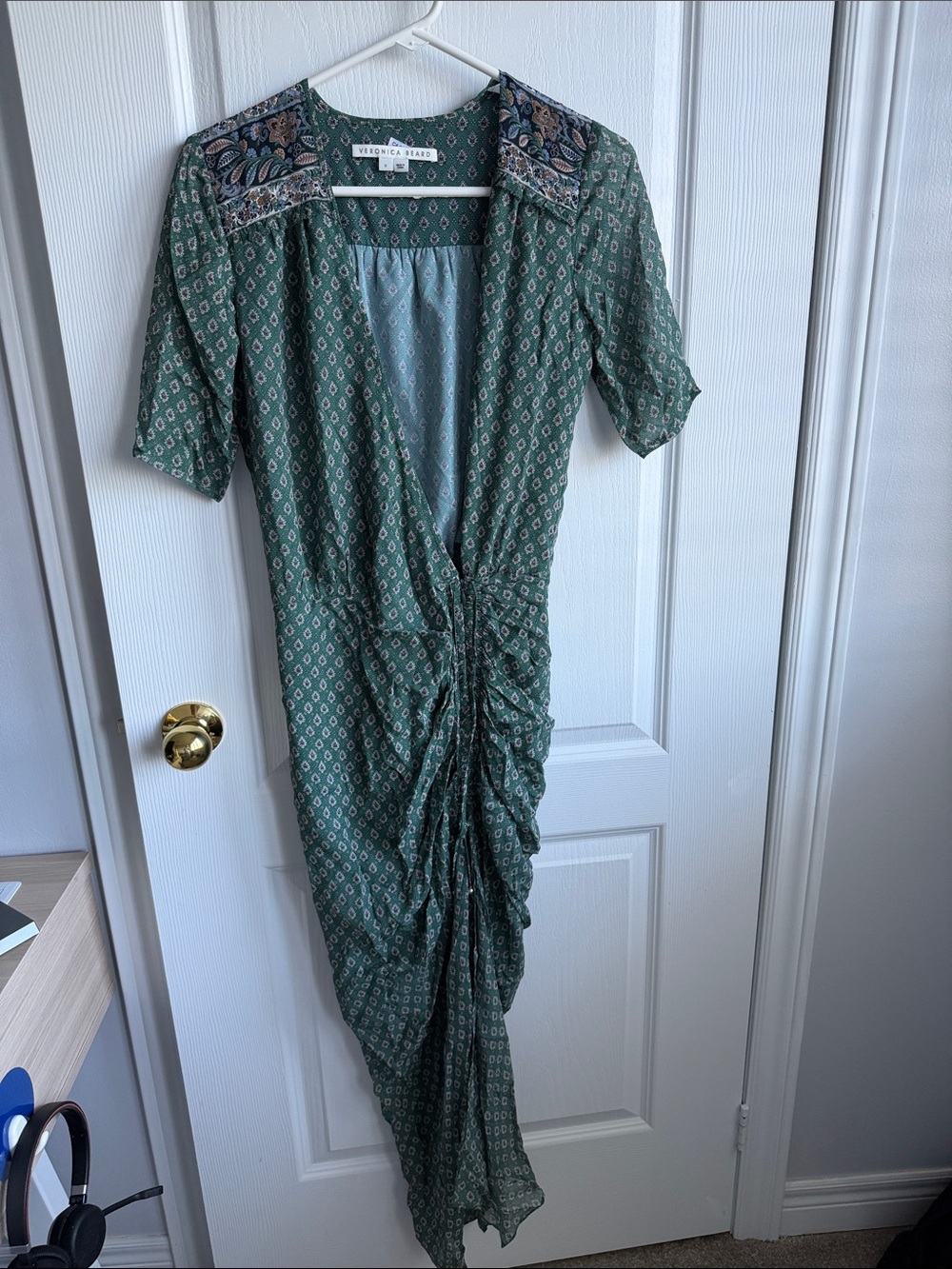 Veronica Beard Green Printed Asymmetrical Ruched Dress